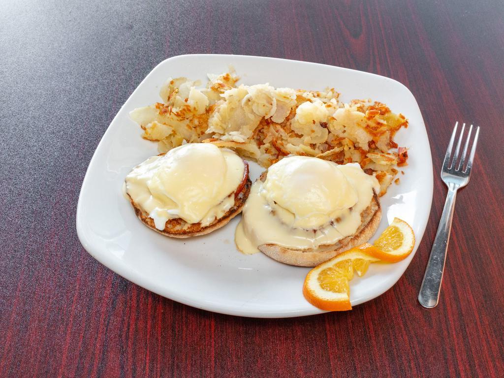 Classic Benedict · Poached fresh eggs, Canadian bacon, toasted English muffin, and an authentic hollandaise sauce.