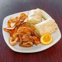Grecian Wrap · Greek style chicken breast wrapped in a tortilla together with lettuce, tomatoes, crumbled f...