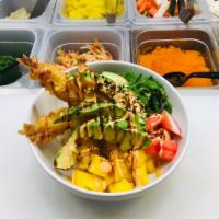 Shrimp Tempura Poke Bowl · 3 tempura shrimp, crab meat, avocado, mango, seaweed salad, spicy furikake, sesame seed, eel...