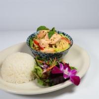 Salmon Green Curry · Poached salmon fillet with green curry, coconut milk, green and red bell peppers, bamboo sho...