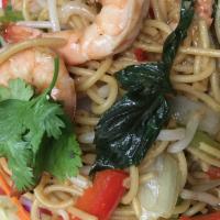 Spaghetti Pad Keemow Prawn · A spicy noodle dish sauteed with green chili,onion, sweet basil, green and red bell peppers.
