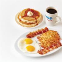 Pancake Combo · Choice of any 2 same-flavored pancakes, 2 eggs*, 2 bacon or sausage & hash browns.