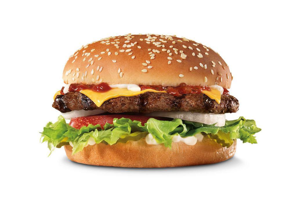 Famous Cheese Burger · Charbroiled all-beef patty, melted American cheese, lettuce, tomato, sliced onions, dill pickles, special sauce and mayonnaise on a seeded bun.
