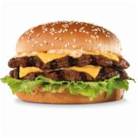 Big Carl Burger · 2 charbroiled beef patties, our classic sauce, 2 slices of American cheese and lettuce all o...