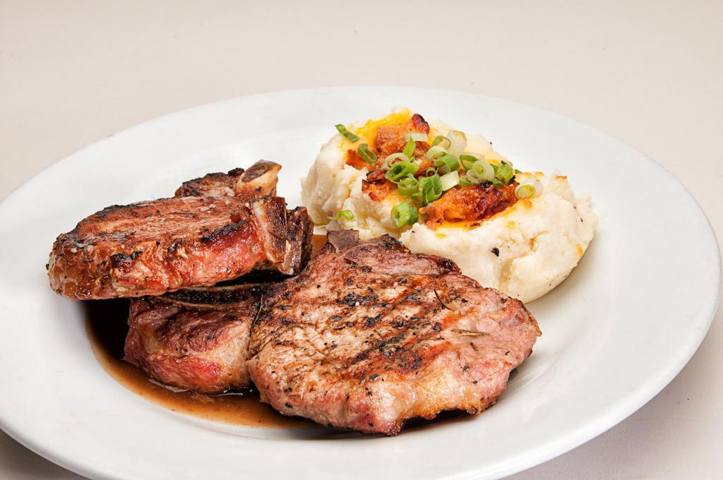 Center Grilled Pork Chops with Vegetables Dinner · Served with choice of side, french fries and a roll. 