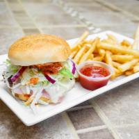 Hamburguesa Mexicana · Mexican burger with beef meat, ham, white cheese, chipotle, lettuce, tomato, mayonnaise, avo...