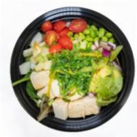 Vegetarian Bowls · Organic tofu, cucumber, tomato, edamame, red onion, scallion, seaweed salad, avocado, ponzu ...