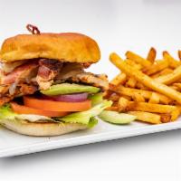 Grilled Chicken Club Sandwich · Grilled chicken breast, Swiss cheese, bacon, avocado, lettuce, tomato, red onion, mayo.