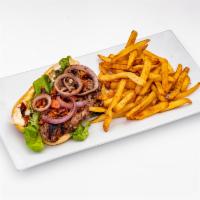 Steakhouse Sandwich · Grilled sirloin steak, fire-roasted tomatoes, sauteed onions, arugula, roasted garlic aioli.