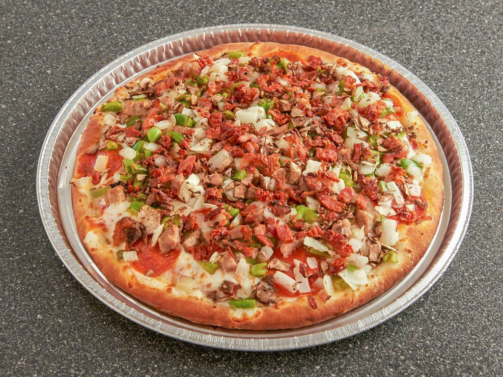 The Works Specialty Pizza · Sausage, bacon, pepperoni, mushroom, onion, and green pepper.