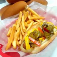 Polish Special W/fries · Deep-fried polish Maxwell style, grilled onions, mustard, and hot peppers 