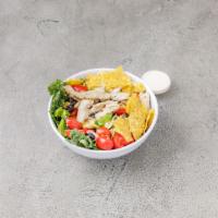 Mexican Kale Caesar Salad  · Shredded kale, romaine, roasted chicken, tomatoes, shaved Parmesan, black beans, tortilla ch...