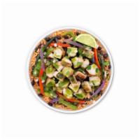 Baja BBQ Chicken Salad · Hand tossed fresh salad greens, kale, onions, bell peppers, jicama, tortilla strips, black b...