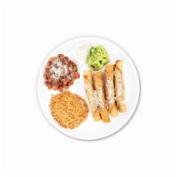 Chicken Taquitos · Served with rice, beans, sour cream, guacamole, and Cotija cheese.