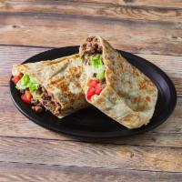 Burrito Steak · Burritos are served with beans, lettuce, tomato, cheese, onions and sour cream.