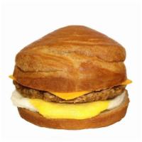 Sausage, Egg and Cheese  · Bacon, egg and cheese on your choice of a bagel, croissant or English muffin
