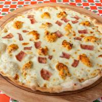 Chicken Bacon Alfredo Pizza · Chicken, turkey bacon and Alfredo sauce.