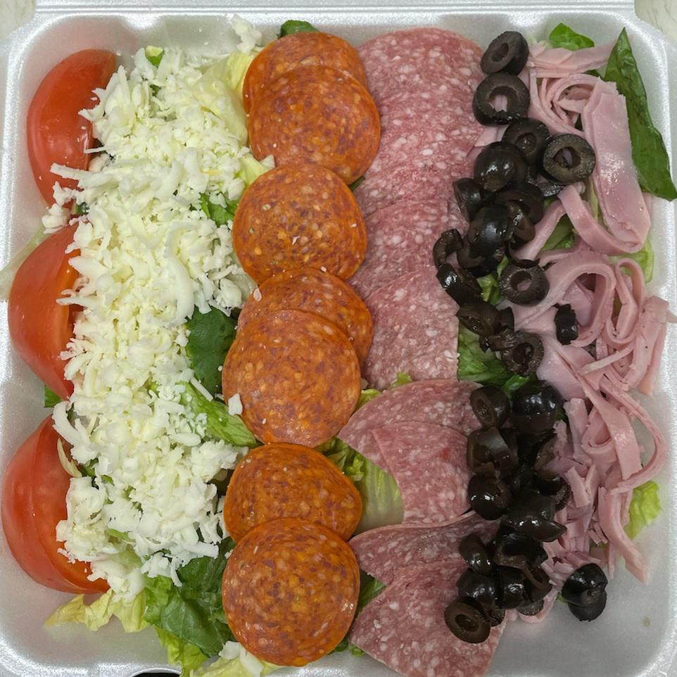 Antipasto Salad · Romaine, iceberg lettuce blend with tomato, black olives, ham, salami, pepperoni, mozzarella and Italian dressing.