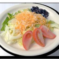 Veggie and Cheese Salad · Romaine, iceberg lettuce blend with tomato, onion, green pepper, black olives and cheddar Mo...