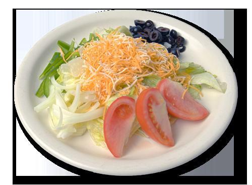 Veggie and Cheese Salad · Romaine, iceberg lettuce blend with tomato, onion, green pepper, black olives and cheddar Monterey Jack cheese.