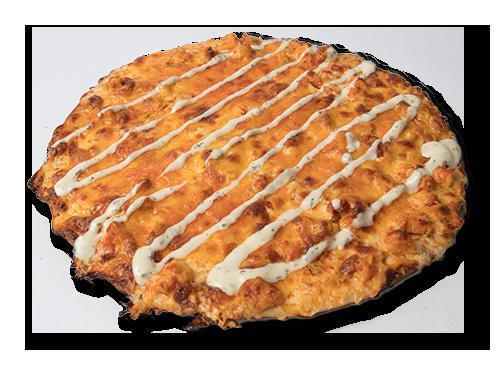 Buffalo Chicken Pizza · White garlic sauce, chicken and bacon coated with Buffalo sauce, mozzarella, and cheddar Jack blend cheese.