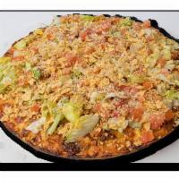 Mexican Taco Pizza · Refried beans, taco meat mozzarella cheddar Jack blend cheese, topped with lettuce, tomato, ...