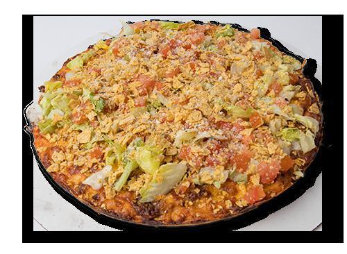 Mexican Taco Pizza · Refried beans, taco meat mozzarella cheddar Jack blend cheese, topped with lettuce, tomato, and tortilla chips.
