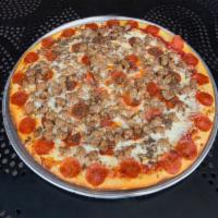 Meet the Meats Pizza · Pepperoni, ground beef, sausage, ham, Canadian bacon and salami.