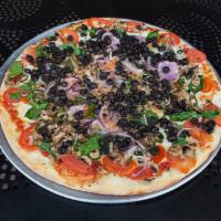 Vegetarian Pizza · Mushrooms, grilled bell peppers, tomatoes, fresh spinach, red onion and black olives.