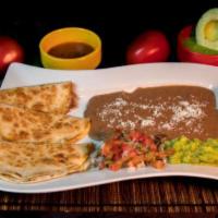 Quesadilla · Served with pico de gallo, guacamole, refried beans and sour cream/Acompañados por pico de g...