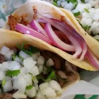 3 Tacos Vegetarian · Vegetariano. Order of 3 tacos with onion and cilantro on the top. Vegetarian: hongos, zuquin...