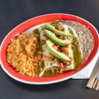 Enchiladas de Cerdo · Delicious! 2 seasoned pork enchiladas, served with rice, beans, topped with green salsa and ...