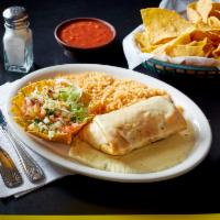 Chimichanga · Big tortilla filled with beans and your choice of meat; Shredded chicken, brisket or ground ...