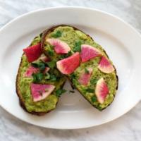 Petit Cafe Avocado Toast with Optional Add Ons · Toasted French Sourdough Batard topped with avocado and marinated radishes