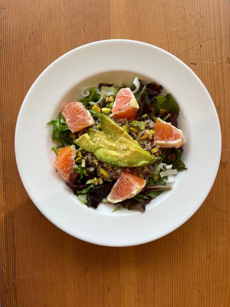 Citrus Quinoa Bowl  · Tri-color quinoa tossed with chopped pistachios, oranges, avocado, mixed greens, and spring onion in an apple cider vinaigrette.