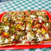 Eggplant Pizza Specialty  · Red peppers, spinach, tomatoes, broccoli, garlic, banana peppers, onion, oregano, provolone,...