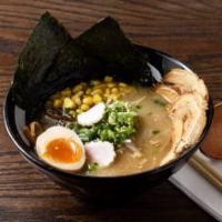 Akira Ramen · curly noodle, tonkotsu salt flavor with chashu(pork belly). beansprout, egg, fish cake, corn...