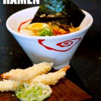Shrimp Tempura Ramen · curly noodle with shrimp tempura(2pcs), egg, fish cake, corn, scallion, bamboo shoot and woo...