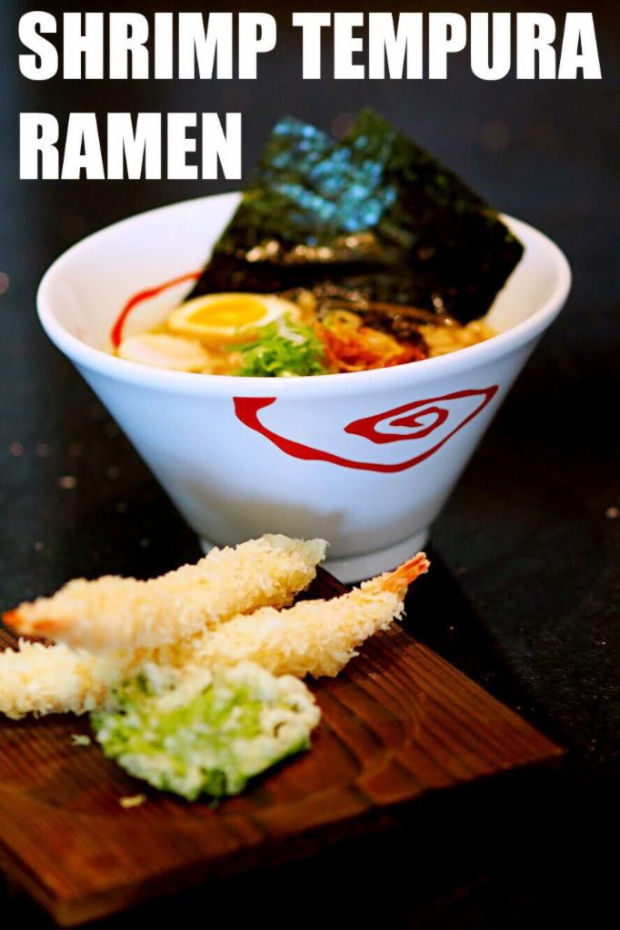 Shrimp Tempura Ramen · curly noodle with shrimp tempura(2pcs), egg, fish cake, corn, scallion, bamboo shoot and wood ear.