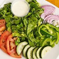 Garden · Iceberg lettuce base with tomatoes, cucumbers, green peppers, red onions, croutons, and your...