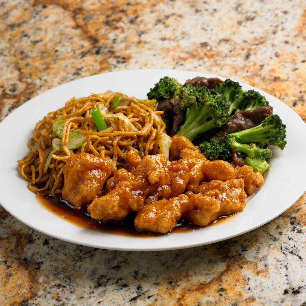 2 Entree Plate · Any 2 entrees Plus Rice or Chow Mein. Served in our new microwavable, vented, reusable containers. No extra charge!