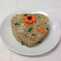 76. Walnut and Raisin Fried Rice · Vegetarian fried rice with eggs, carrots, peas, green beans, scallions, onions, corn, raisin...