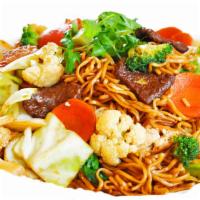 Chow Mein · Yummy wheat noodles, BBQ beefless protein, broccoli, carrots, bok choy, cabbage, napa cabbag...