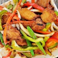 Amazing Saute  · Chickless protein, yellow onions, red and green bell peppers saut?ed in our homemade savory ...