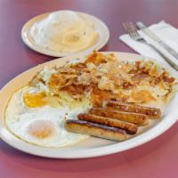 Sausage and Eggs · four sausage links served with two extra large eggs ,home fries and your choice of toast or ...