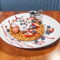 Dessert Waffle · Your Choice of Toppings with Whipped Cream, Powdered Sugar, and Cinnamon. Served with Maple ...