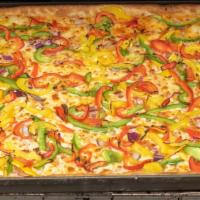 Fresh Cut Veggie Deluxe Pizza · Foody sauce, smoked provolone cheese, red onion, mushroom, green, red and yellow bell pepper.