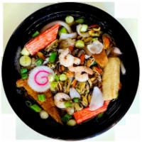 13. Seafood Udon · Udon soup with noodles, onions, scallions, crab cake, fried tofu, mixed seafood.