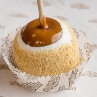 Cheesecake Caramel Apple · a Granny Smith apple covered in fresh caramel then covered in white confection and topped wi...