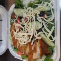 House Salad · Sliced chicken cutlet, mozzarella, cheese, romaine lettuce, tomatoes, cucumbers, black olive...